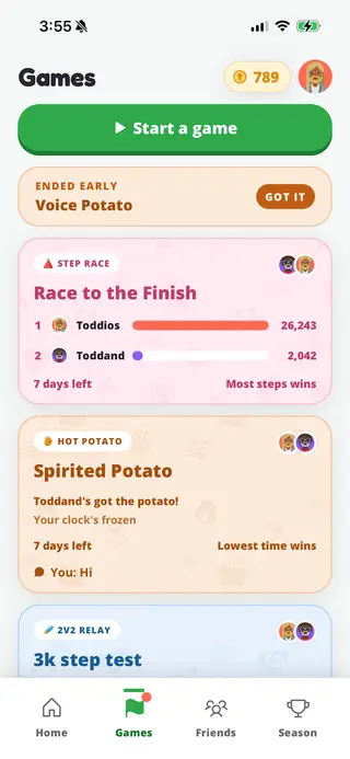 A list of games in progress: a step race with two players on 26,243 and 2,042 steps, a hot potato game showing who is holding it, and a 2v2 relay, each with seven days left.