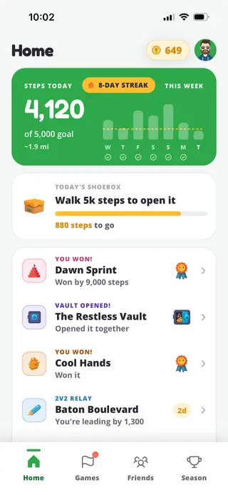 The Mozey home screen: 4,120 steps today against a 5,000 goal, an eight-day streak, this week’s step chart, and a feed of finished and in-progress games.